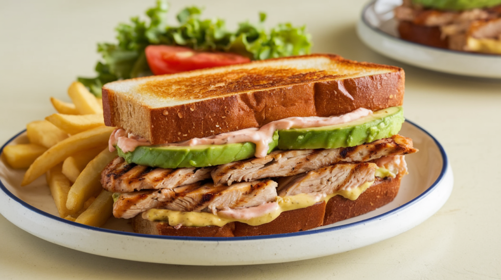 Chipotle chicken avocado melt sandwich on a plate
