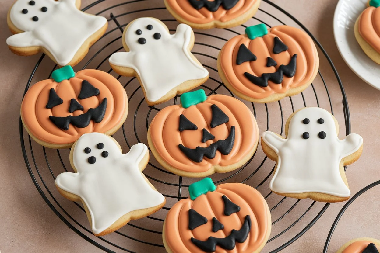 Freshly baked Pillsbury Halloween cookies shaped like pumpkins and ghosts cooling on a wire rack.