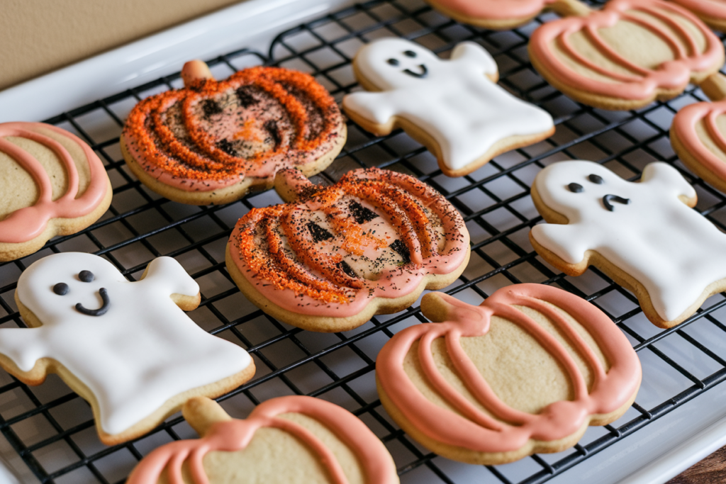 Freshly baked Pillsbury Halloween cookies in pumpkin and ghost shapes cooling on a wire rack, ready to be enjoyed or decorated.

