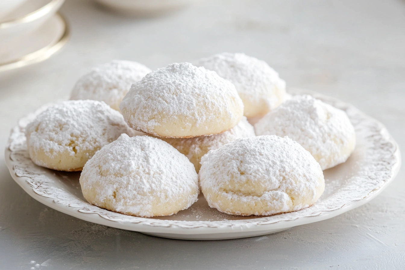 Classic Italian wedding cookies dusted with powdered sugar on a white plate.