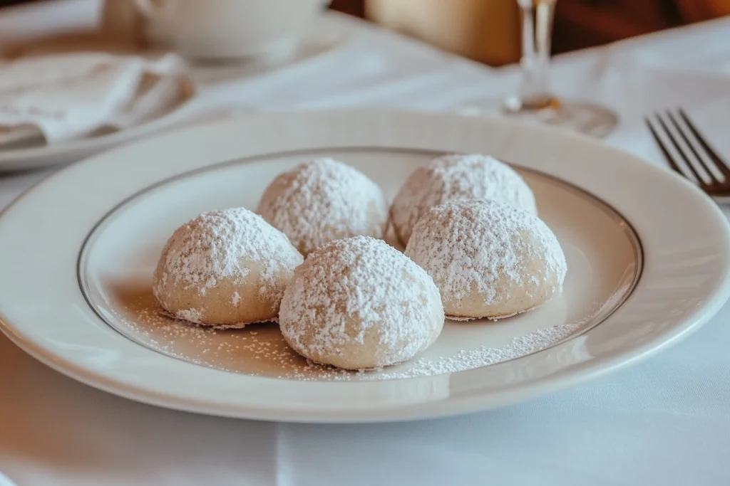 Classic Italian wedding cookies dusted with powdered sugar on a white plate.

