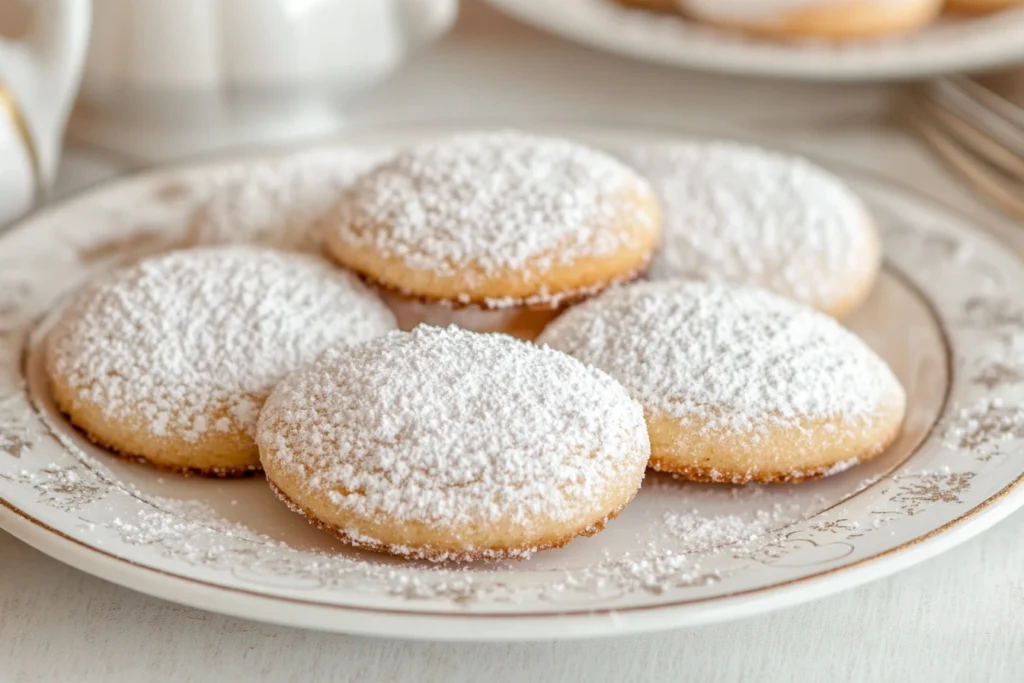 Classic Italian wedding cookies dusted with powdered sugar on a white plate.

