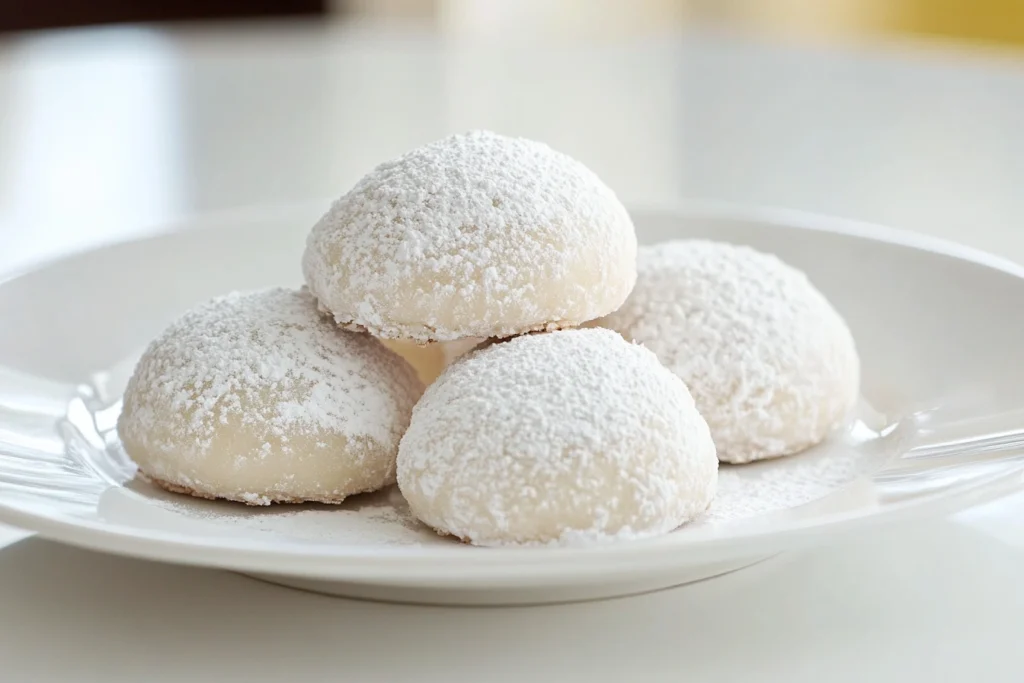 Classic Italian wedding cookies dusted with powdered sugar on a white plate.

