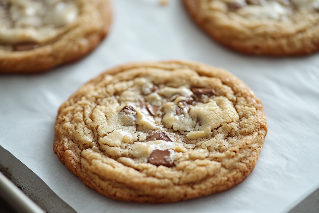 Cookies made with browned butter featuring golden edges and gooey centers.

