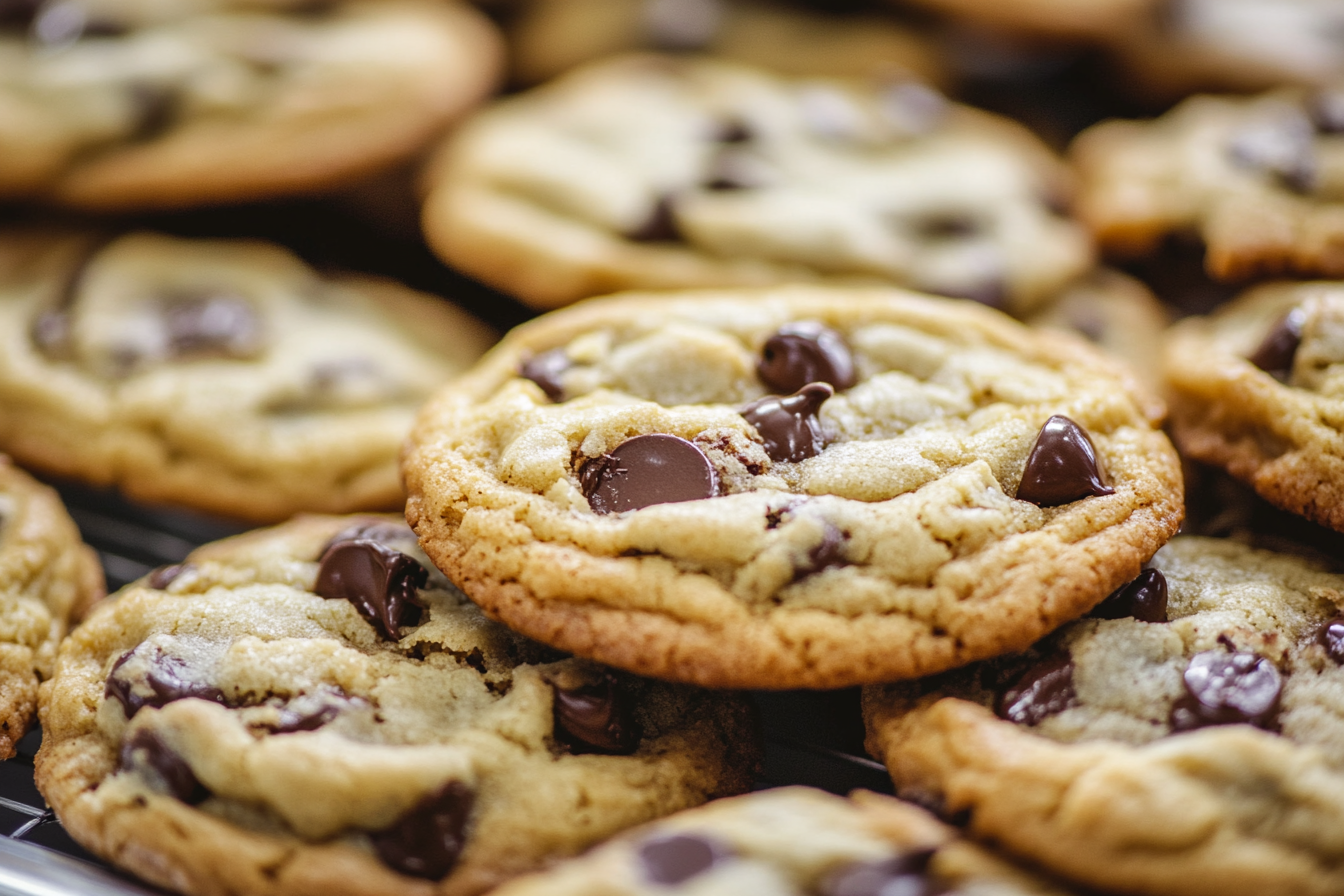 Freshly baked brown butter chocolate chip cookies with golden edges and melted chocolate chips.