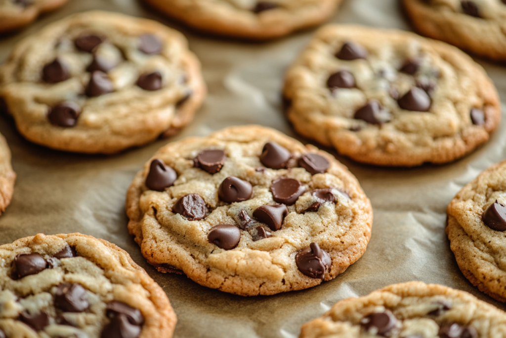 A plate of warm, golden brown butter chocolate chip cookies with crispy edges and gooey melted chocolate chips.

