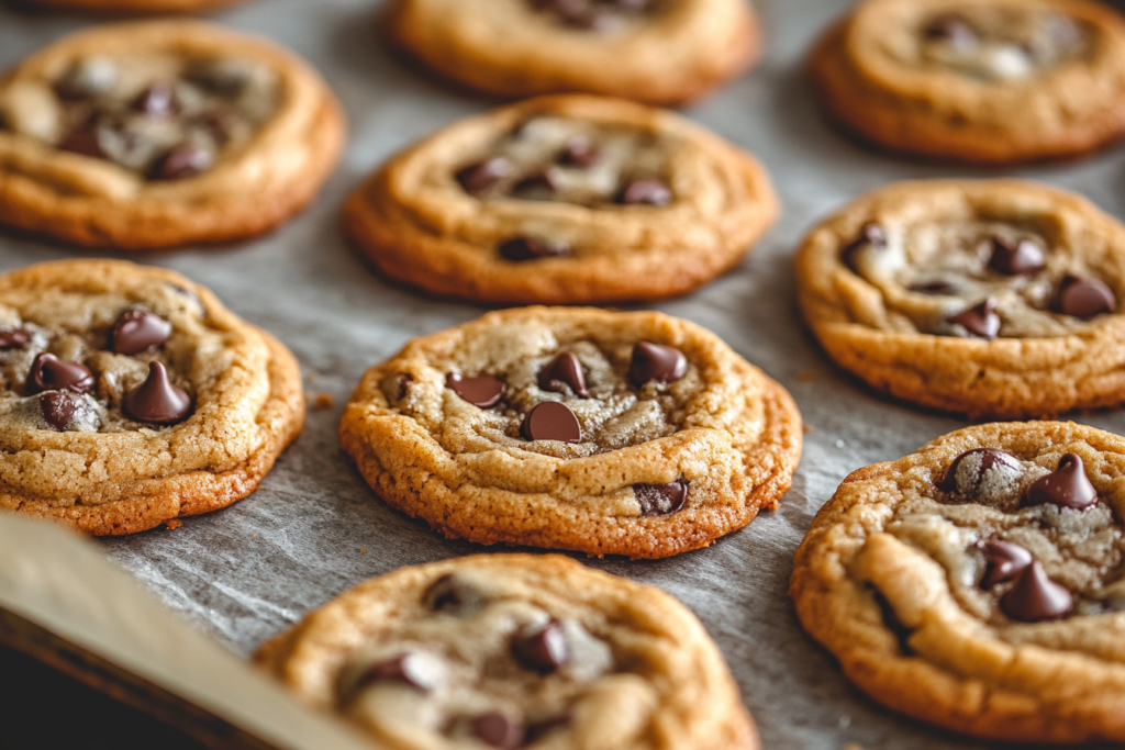 A plate of warm, golden brown butter chocolate chip cookies with crispy edges and gooey melted chocolate chips.

