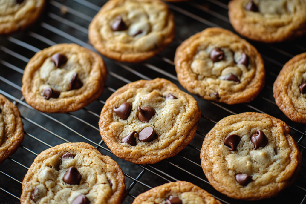 A plate of warm, golden brown butter chocolate chip cookies with crispy edges and gooey melted chocolate chips.

