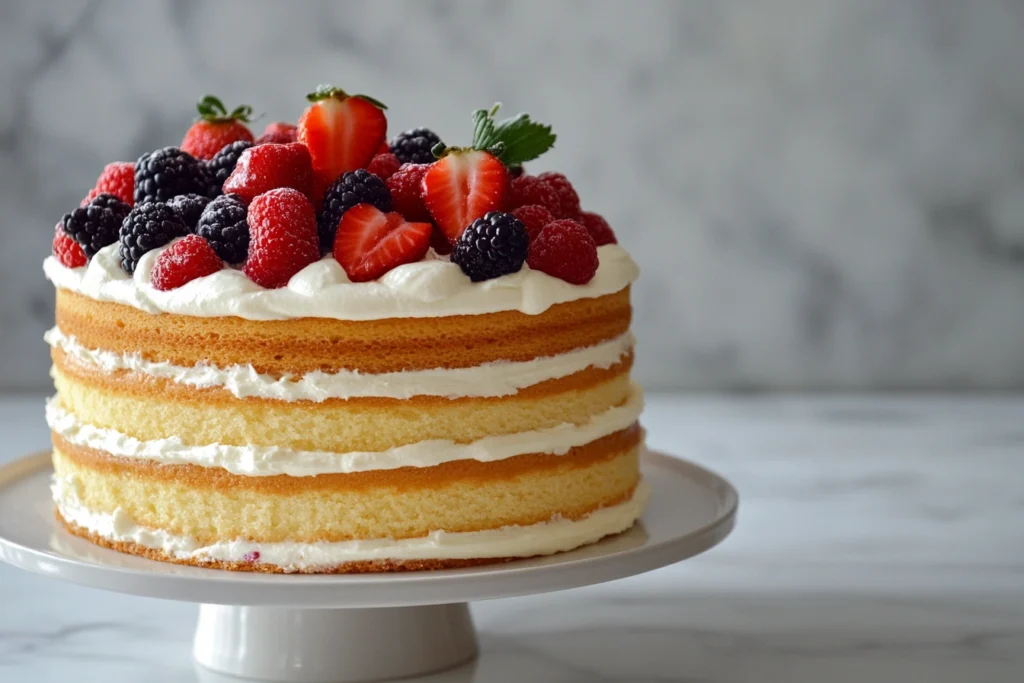 Layered Chantilly cake topped with fresh berries and Chantilly cream