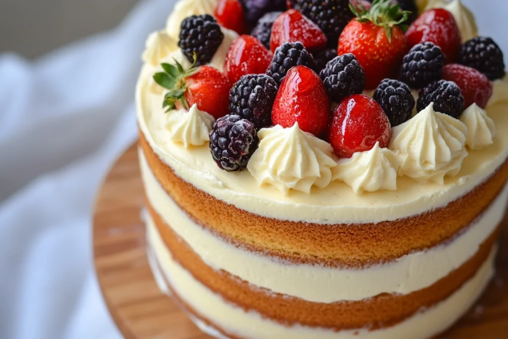 A beautifully presented Chantilly cake with layers of fluffy sponge, rich Chantilly cream, and fresh berries, perfect for special occasions.