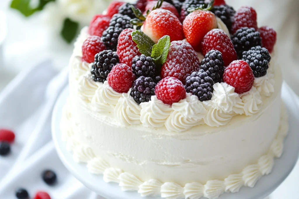 A beautifully presented Chantilly cake with layers of fluffy sponge, rich Chantilly cream, and fresh berries, perfect for special occasions.