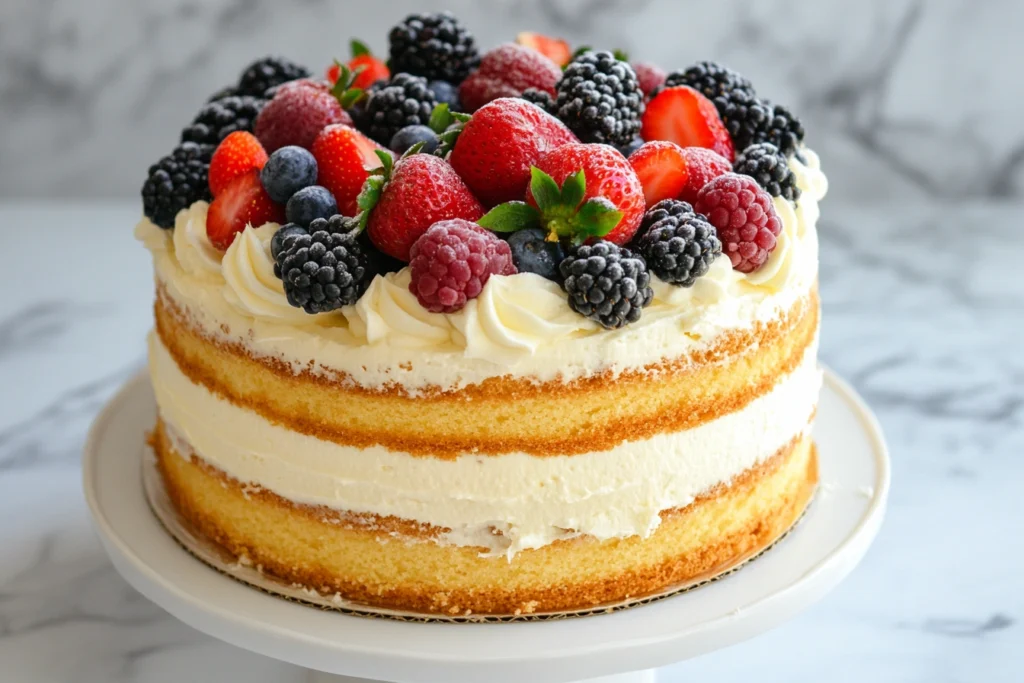 A beautifully presented Chantilly cake with layers of fluffy sponge, rich Chantilly cream, and fresh berries, perfect for special occasions.