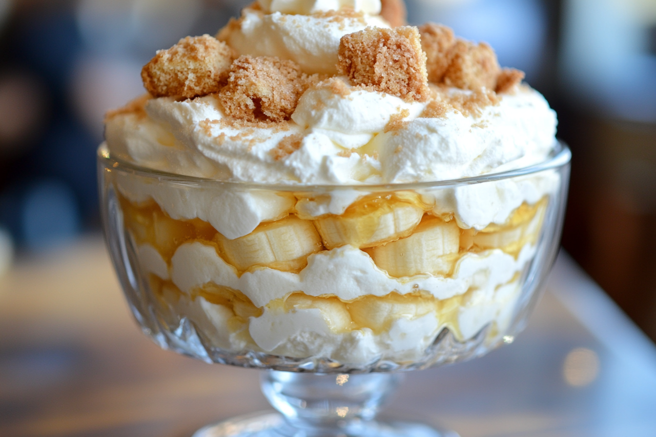 Magnolia Bakery's famous banana pudding with layers of whipped cream, bananas, and vanilla wafers.