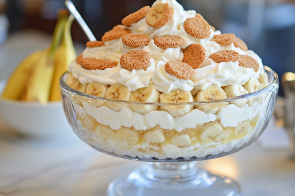 Magnolia Bakery's famous banana pudding with layers of whipped cream, bananas, and vanilla wafers.