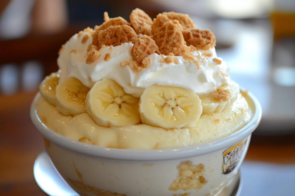 Magnolia Bakery's famous banana pudding with layers of whipped cream, bananas, and vanilla wafers.