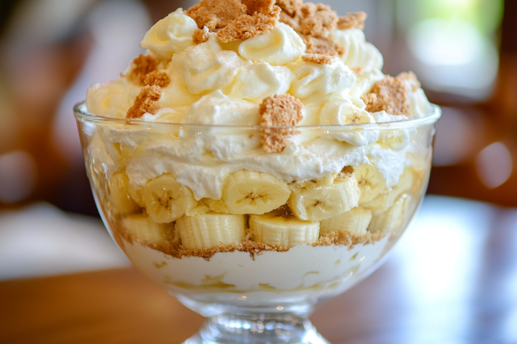 Magnolia Bakery's famous banana pudding with layers of whipped cream, bananas, and vanilla wafers.