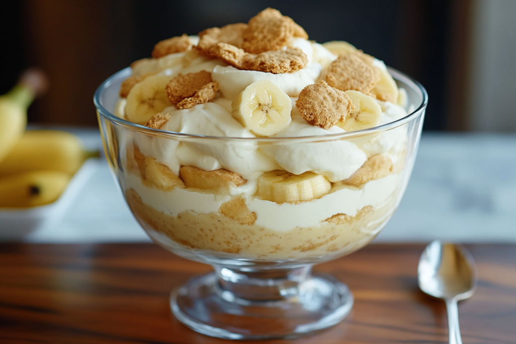 Martha Stewart's banana pudding with custard, vanilla wafers, and bananas layered in a glass dish.