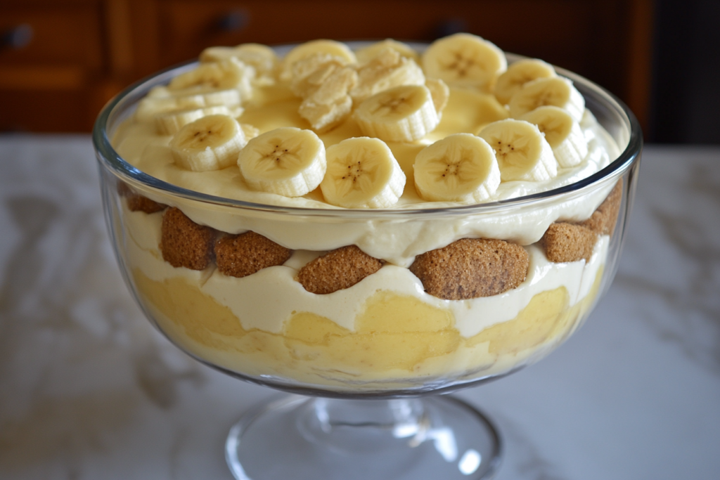 Martha Stewart's banana pudding with custard, vanilla wafers, and bananas layered in a glass dish.