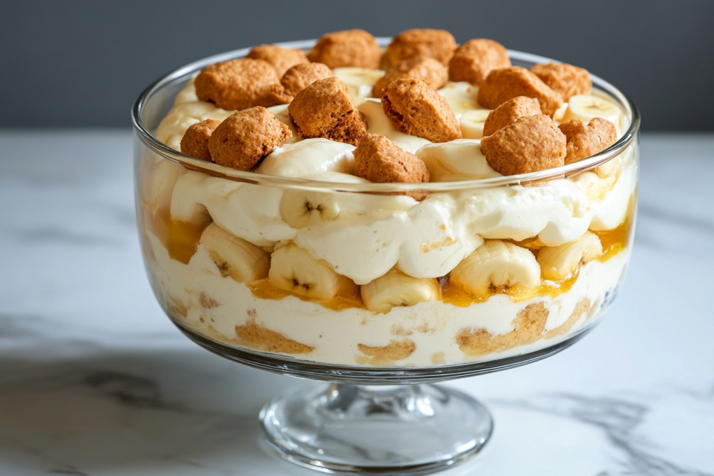 Martha Stewart's banana pudding with custard, vanilla wafers, and bananas layered in a glass dish.