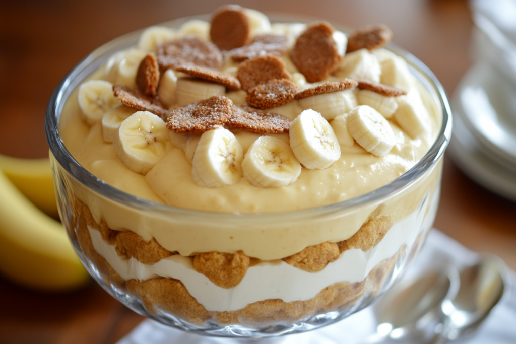 Martha Stewart's banana pudding with custard, vanilla wafers, and bananas layered in a glass dish.