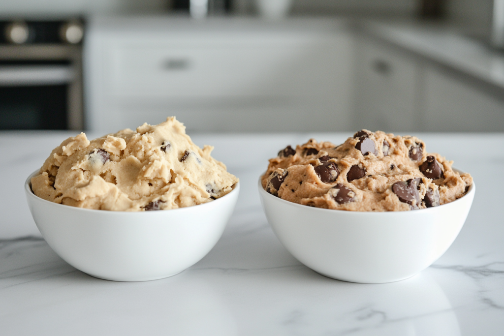 A detailed image showing the thicker texture of cookie dough next to the thinner, pourable cookie batter, illustrating the key differences.

