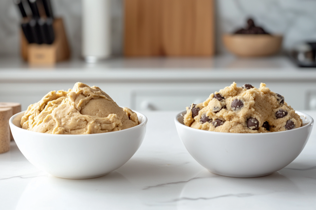 A detailed image showing the thicker texture of cookie dough next to the thinner, pourable cookie batter, illustrating the key differences.

