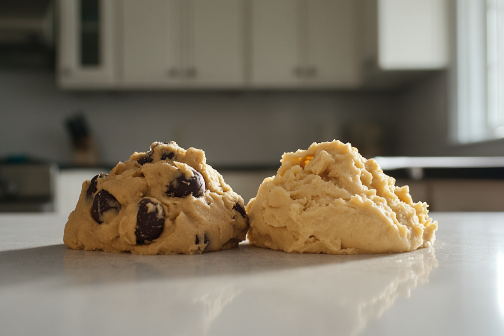 A detailed image showing the thicker texture of cookie dough next to the thinner, pourable cookie batter, illustrating the key differences.

