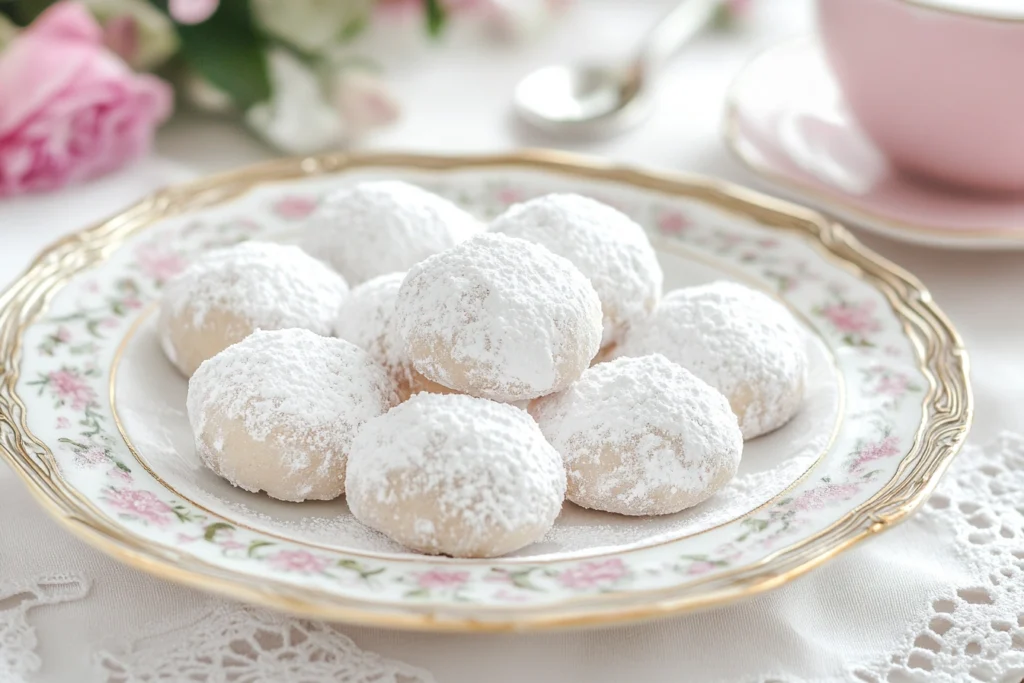 Traditional Italian wedding cookies covered in powdered sugar on a decorative plate.