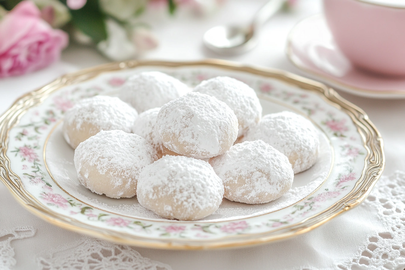 Traditional Italian wedding cookies covered in powdered sugar on a decorative plate.