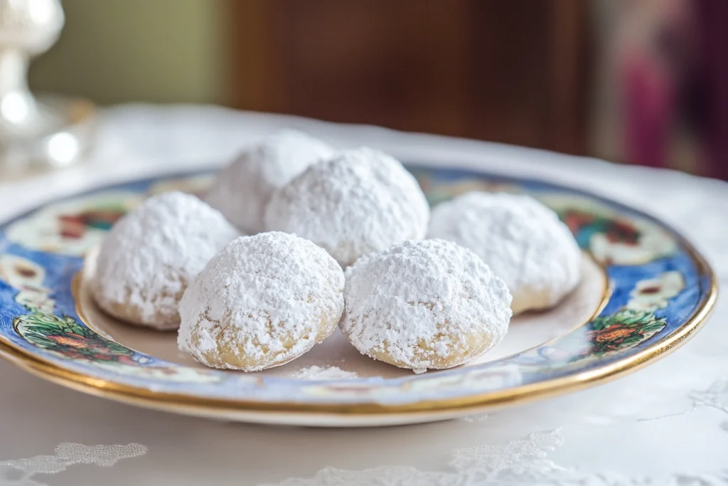 Traditional Italian wedding cookies covered in powdered sugar on a decorative plate.

