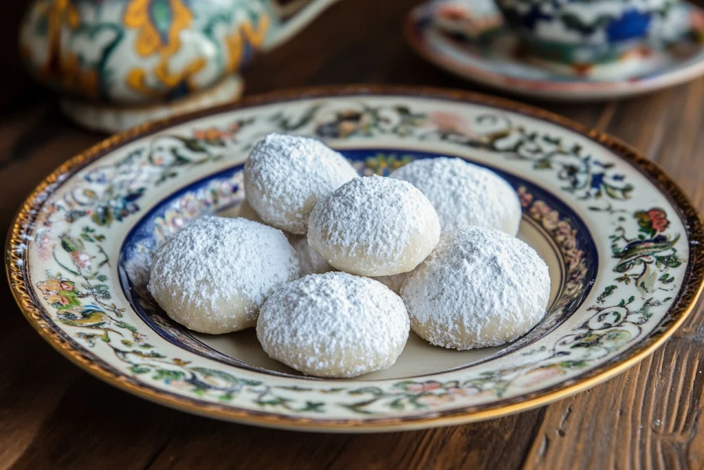 Traditional Italian wedding cookies covered in powdered sugar on a decorative plate.

