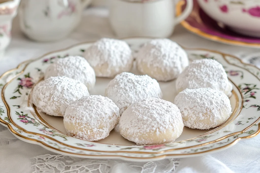 Traditional Italian wedding cookies covered in powdered sugar on a decorative plate.

