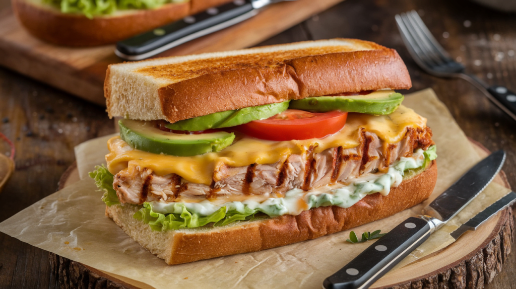 Chipotle Chicken Avocado Melt with melted cheese and avocado

